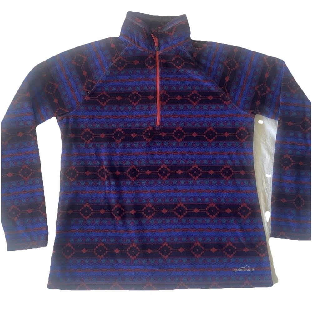 Eddie Bauer Womens Large Fleece Pullover 1/4 Zip Tribal Aztec Southwest Blue Red
